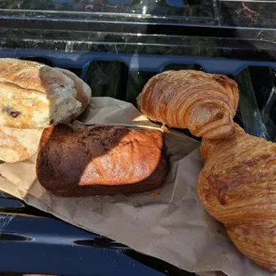 Olive ciabatta, banana bread and croissant