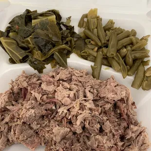 Pulled pork, collards and green beans. Delicious!
