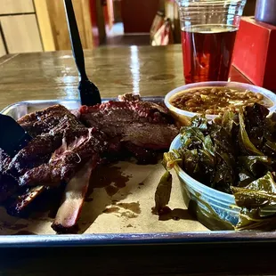 Brisket, Ribs, baked beans, collard greens.