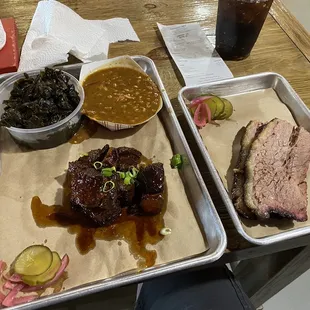 Burnt ends, brisket, bbq baked beans, and collard greens