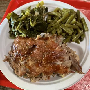 Pulled pork, ribs, collards and green beans. Yum!