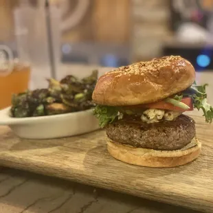 Wild boar burger, Brussels sprouts, key lime pie sour beer