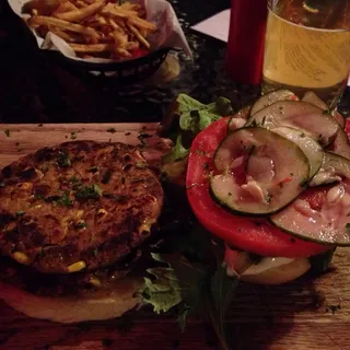 Grilled Corn, Poblano, and Garbanzo Burger