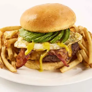 a burger and fries on a plate