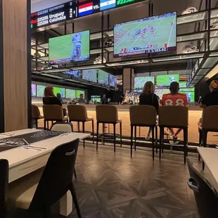 a large television screen in a sports bar