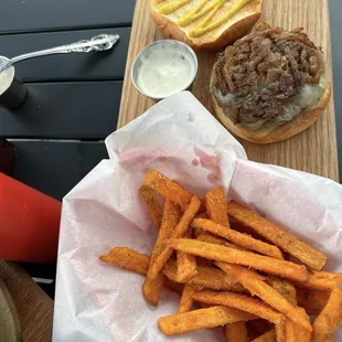 Build your own with wagyu topped with caramelized onions and sweet potato fries
