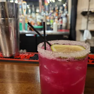 Dragonfruit Paloma with tequila, grapefruit and lime.