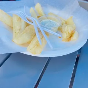 Yucca fries , a bit of a bait and switch... we thought they were going to be covered in cheese and meat like vendor shows off on his insta .