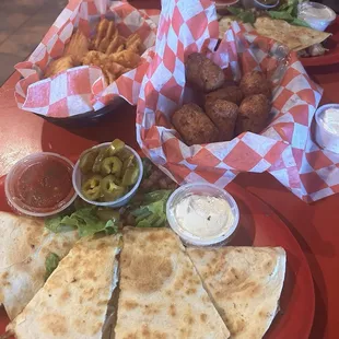 Chicken Quesadilla  Basket of Waffle Fries Tator Kegs