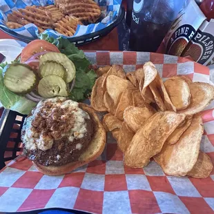 Blue Jacket Burger with chips
