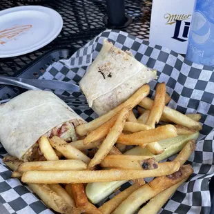 a burrito and french fries