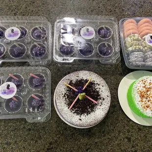 1st row: Ube cupcakes and sugar cookies (guava, matcha and ube flavored) 2nd row: ube and pandan Japanese soufflé cheesecakes