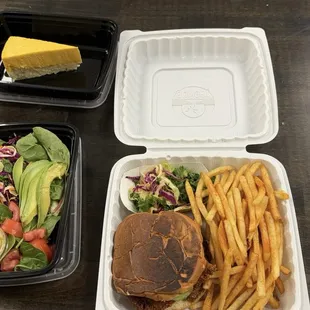 Crispy chicken sandwich with a side salad and mango cake!