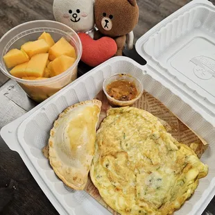 Chef's Breakfast Plate: BBQ Pork Empanada, Cheesy scallion omelet, and fruit cup
