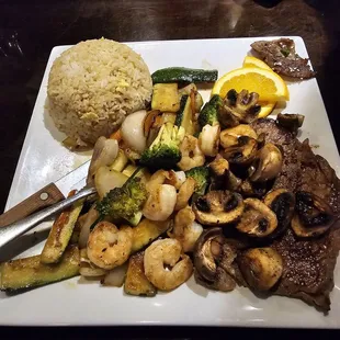Hibachi fried rice, ribeye steak, shrimp, veggies
