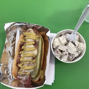 This is the hotdog pastrami on top of it all with sour cream potato salad. Absolutely incredible