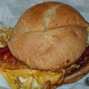 Polo Grounds Croissant Sandwich comprised of Bacon, Eggs, and Cheese.