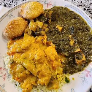 My plate. Saag paneer and navaratan koorma.
