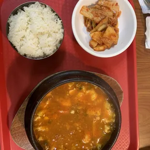 Soondubu (spicy soft tofu soup). Contains seafood. Absolutely delicious