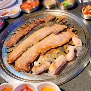 Galbi w/o bone, soy pork belly, large intestine