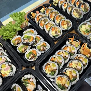 Pork belly gimbap, tuna gimbap, spam gimbap, shrimp tempura gimbap
