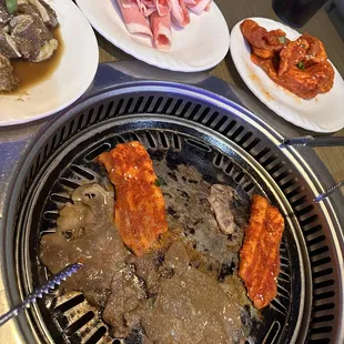 Spicy pork belly, beef brisket and beef bulgogi