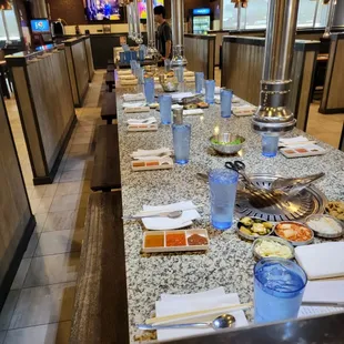 a long table with food on it