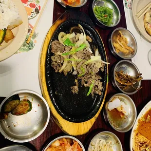 Beef bulgogi; sad to say it was unappetizing and flavorless. I liked the side dishes though