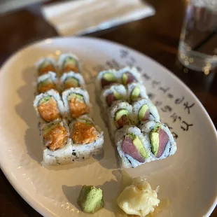 HH spicy salmon roll ($5.50), tuna/avocado roll ($5.50)