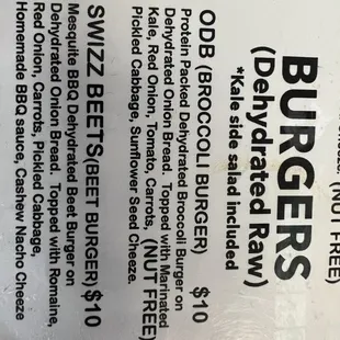 a menu for burgers