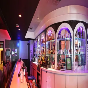 a bar with a curved counter