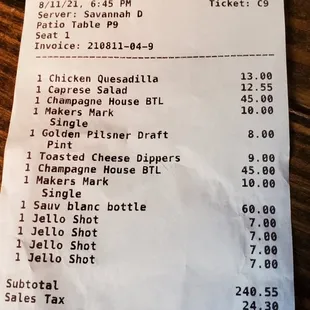 the receipt for the restaurant