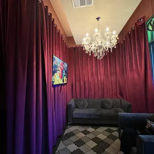 a living room with a chandelier