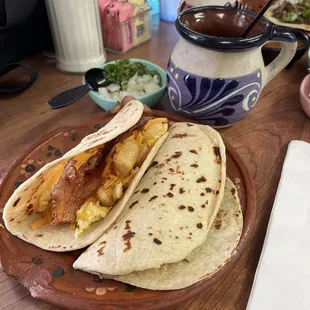 Coffee, Bacon Potatoe Egg and Cheese and Barbacoa taco. Yum!