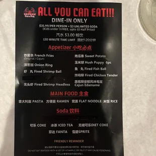 All you can eat menu