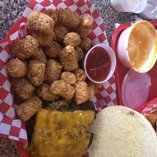 Duke with cheddar and tots for side.