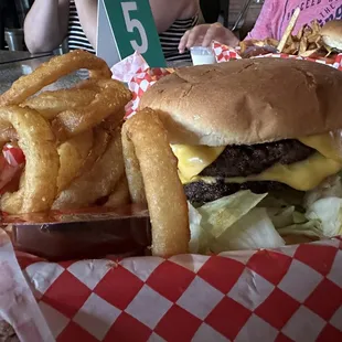 Burger and Onion Rings