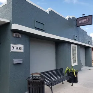 a bench outside of a building