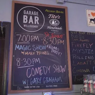 Shows at the Garage Bar as of June 2018.