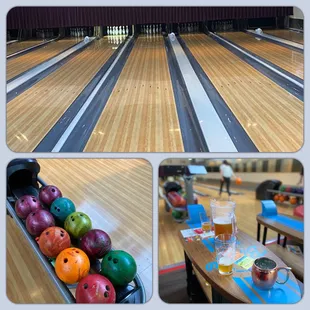 a bowling alley with bowling balls and drinks