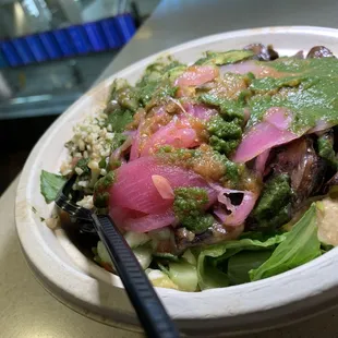 Vegan: Mushroom, Greens, Hummus, Tabbouleh, Rice, Pickled Onions, Cucumber, Tomato, Sautéed Vegetables, Eggplant Spread, Red/Cilantro Sauce