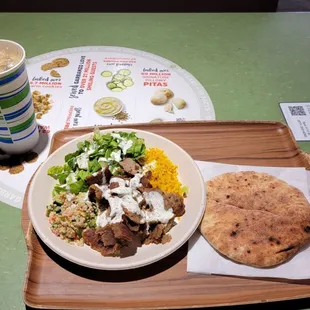 a plate of food and a drink