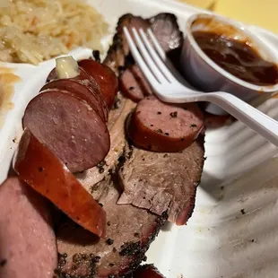 2 meat plate with Brisket, Sausage, rice and beans