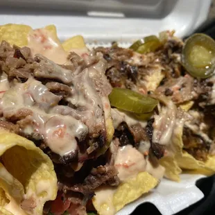 Brisket and pulled pork nachos