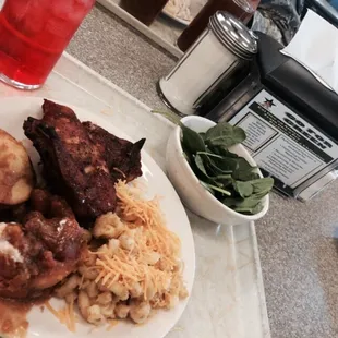 #SouthernBiz BBQ Chicken, mac and cheese, sweet potatoes and corn bread. Baby spinach