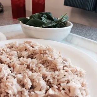 Chicken fried rice and baby spinach