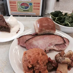 Ham, sweet potatoes, sweet rolls, Italian roasted potato, baby spinach, pecan pie. U.S. Army 240th Birthday Lunch