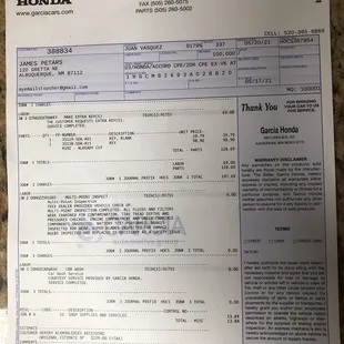 Invoice for service.