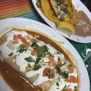 Queso tacos and wet burrito