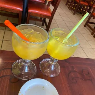 Peach margarita on the left and mango margarita on the right